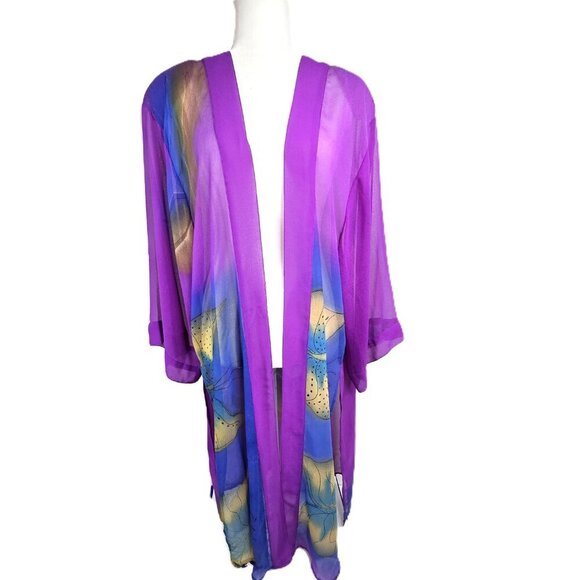 Vintage Liz & Me Purple Butterfly Sheer Long Sleeve Duster Maxi Cadigan - Picture 1 of 9